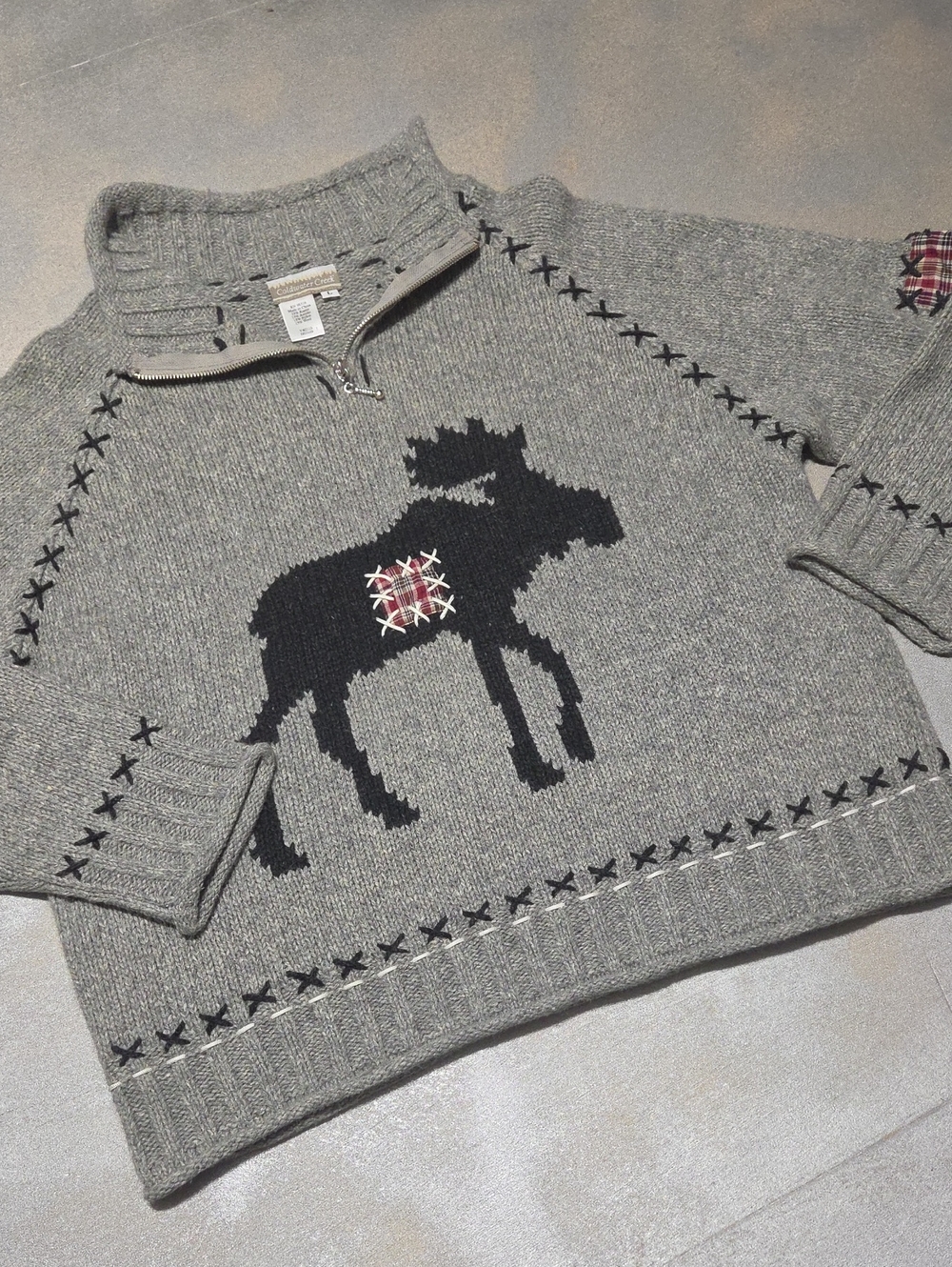 Gray Moose Intarsia Half-Zip Sweater